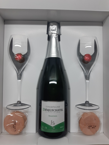 Coffret Plaisir Champagne Brut Tradition 2 flûtes 1 Sablé biscuits rose caramel beure salé 1 Sablé biscuits rose framboise 2 Bouchons chocolat praliné Fossier