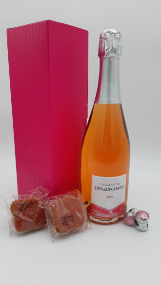 Coffret " Tout en Rose" Champagne Brut Rosé Bouchon chocolat Marc de Champagne Moelleux Biscuit Rose de Reims