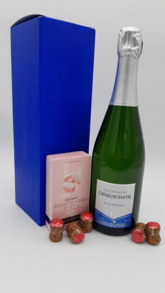 Etui bleu Champagne Blanc de Blancs 5 Mini biscuits rose de Reims 5 Bouchons chocolats praliné Champagne Blanc de Blancs Mini Biscuits rose Bouchons chocolat praliné